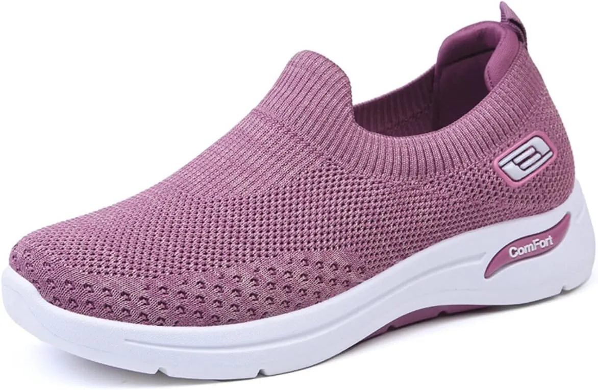 Women's Lightweight Slip-On Walking Shoes - Breathable Athletic Tennis Sneakers with Soft Knitted Fabric for Casual Gym Running of All Ages