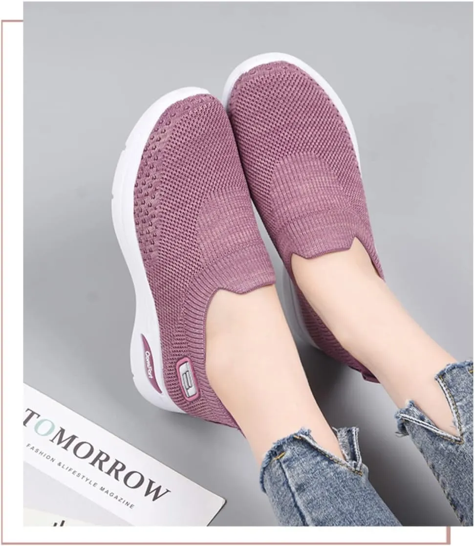 Women's Lightweight Slip-On Walking Shoes - Breathable Athletic Tennis Sneakers with Soft Knitted Fabric for Casual Gym Running of All Ages