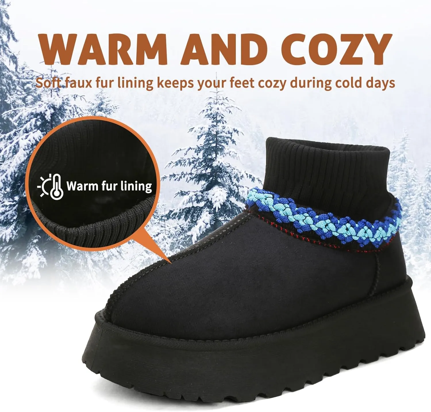 Women's Platform Fuzzy Slippers, Warm Winter Snow Mini Boots with Memory Foam, Fur Fleece Lined House Shoes Indoor and Outdoor