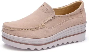 Women's Platform Loafers Slip-on Wedge Loafers Comfortable Thick Soft Platform Casual Walking Shoes Suede Loafers Women (Beige,7.5-8)