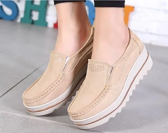 Women's Platform Loafers Slip-on Wedge Loafers Comfortable Thick Soft Platform Casual Walking Shoes Suede Loafers Women (Beige,7.5-8)