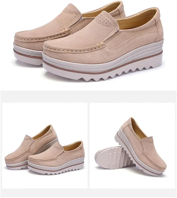 Women's Platform Loafers Slip-on Wedge Loafers Comfortable Thick Soft Platform Casual Walking Shoes Suede Loafers Women (Beige,7.5-8)