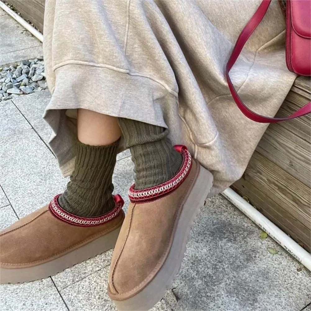 Women's Platform Mini Boots Slippers for Women Warm Fuzzy Slippers Fur Fleece Lined Slip on Suede Short Ankle Boots Outdoor Indoor Braid Slippers Anti Slip Trend