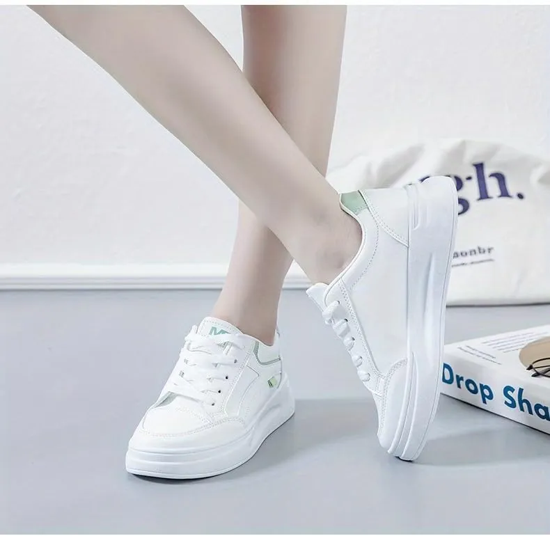 Women's Platform Skate Shoes, Versatile Height Increasing Lace Up Low Top Shoes, Outdoor Walking White Shoes