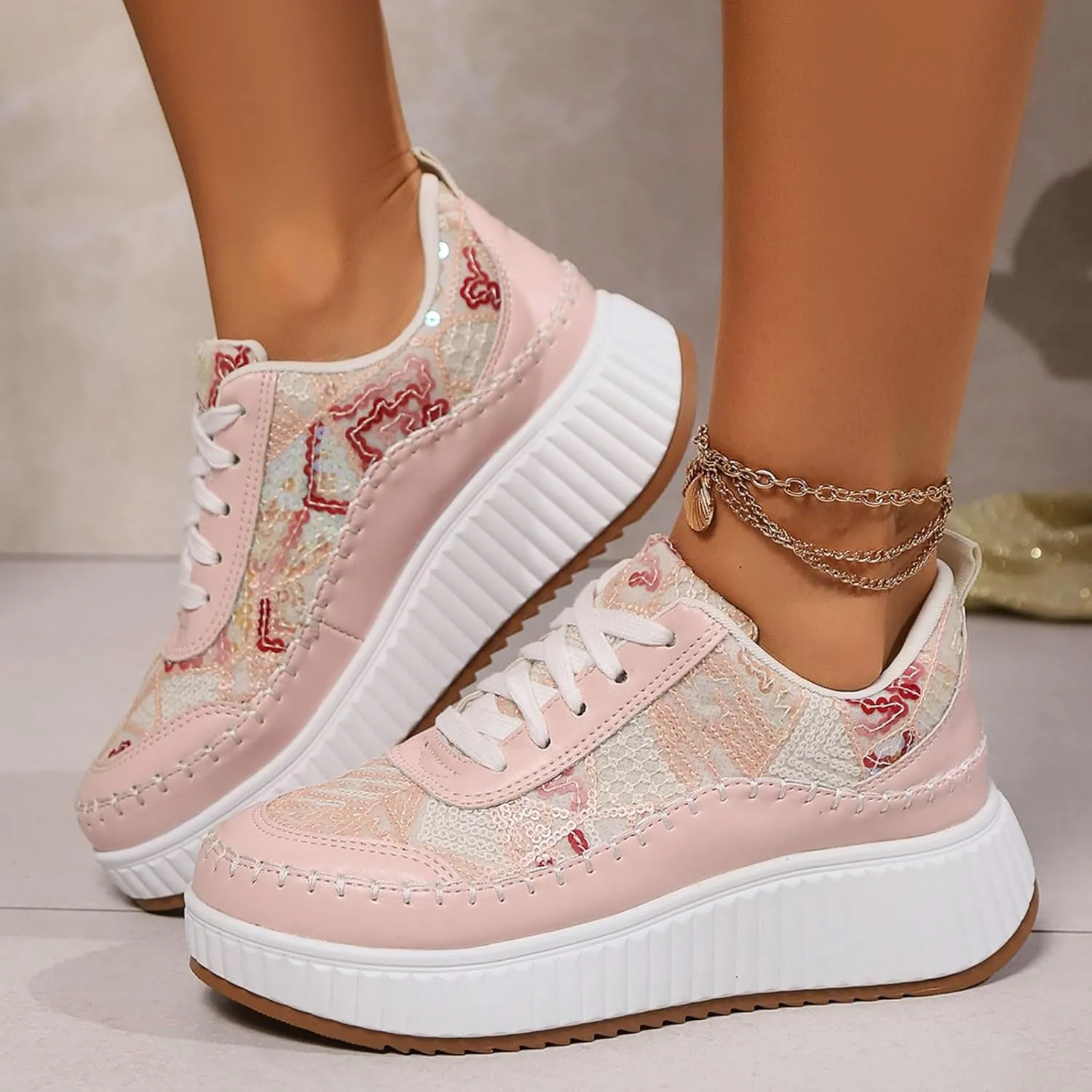 Women's Platform Sneakers Arch Support Lace Up Casual Slip On Non Slip Walking Shoes Ladies Fashion Air Cushioned Comfortable Soft Insole Classic Boat Shoe Jogging Sneaker