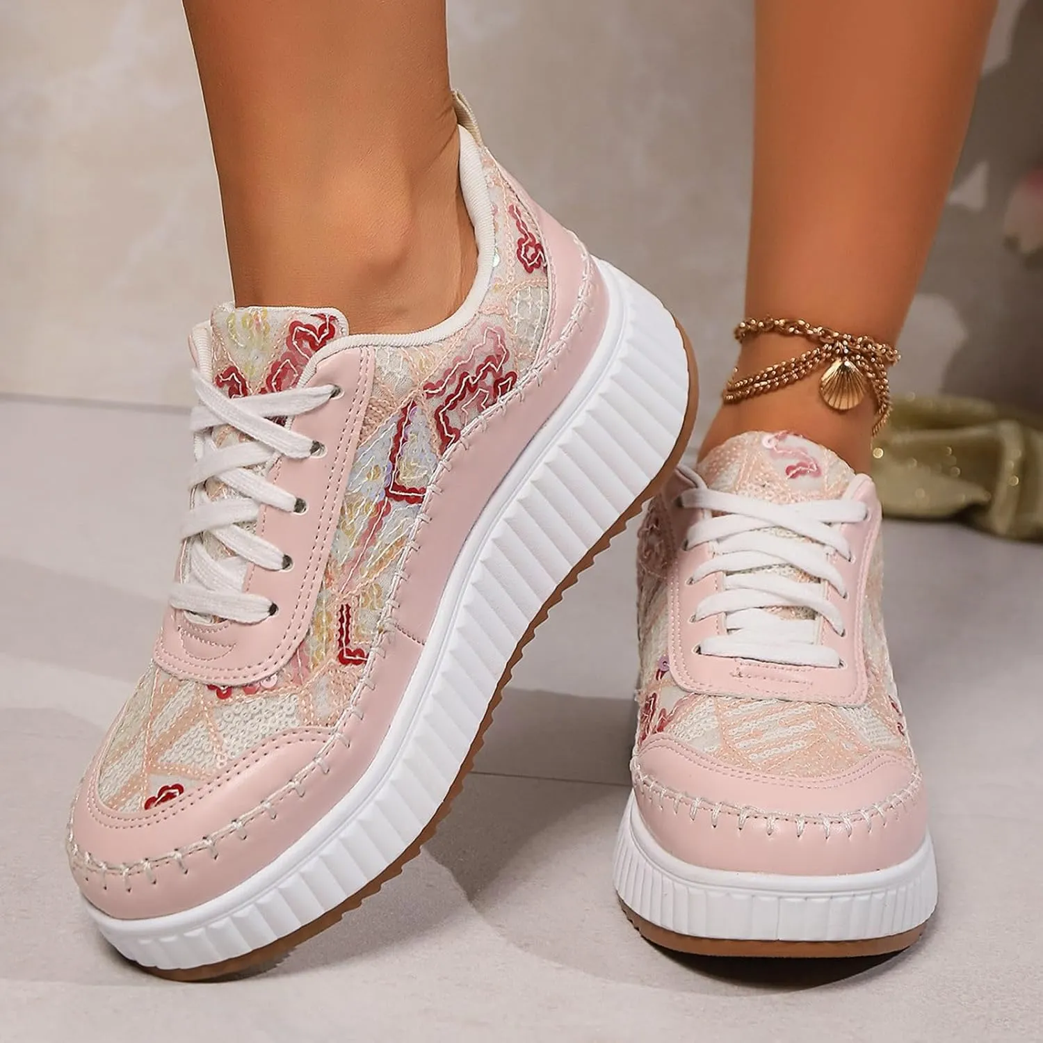 Women's Platform Sneakers Arch Support Lace Up Casual Slip On Non Slip Walking Shoes Ladies Fashion Air Cushioned Comfortable Soft Insole Classic Boat Shoe Jogging Sneaker