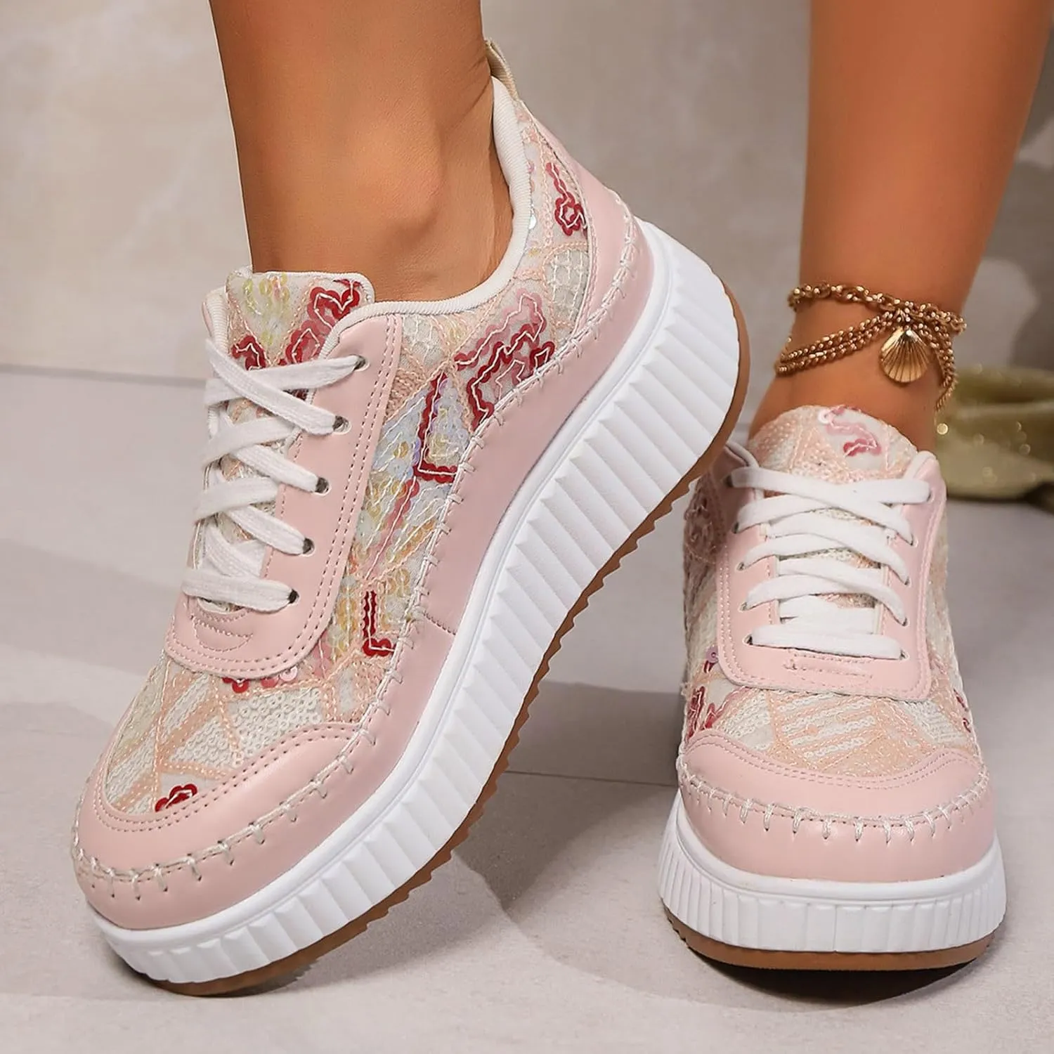 Women's Platform Sneakers Arch Support Lace Up Casual Slip On Non Slip Walking Shoes Ladies Fashion Air Cushioned Comfortable Soft Insole Classic Boat Shoe Jogging Sneaker