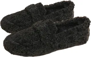Women's Plush Curled Edge House Slippers, Warm Faux Fur Slippers for Women, Cozy Indoor Outdoor Slip On Loafers (Black,7)