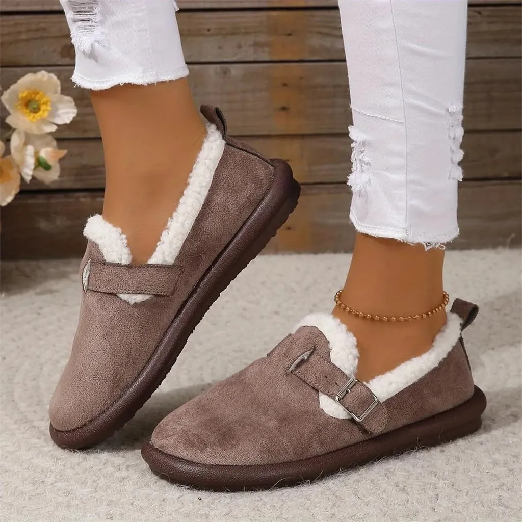 Women's Plush Round Toe Slip-On Flats, Women's Plush Lined Orthopedic Slip-On Shoes, Retro Buckle Strap Round Toe Flat Loafers