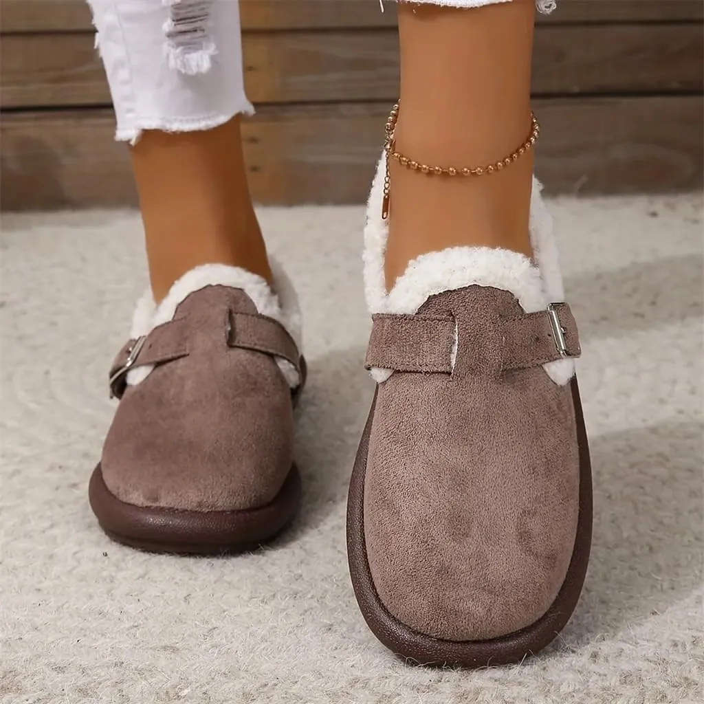 Women's Plush Round Toe Slip-On Flats, Women's Plush Lined Orthopedic Slip-On Shoes, Retro Buckle Strap Round Toe Flat Loafers