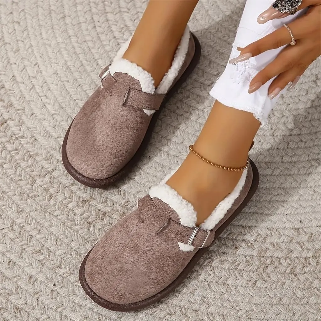 Women's Plush Round Toe Slip-On Flats, Women's Plush Lined Orthopedic Slip-On Shoes, Retro Buckle Strap Round Toe Flat Loafers