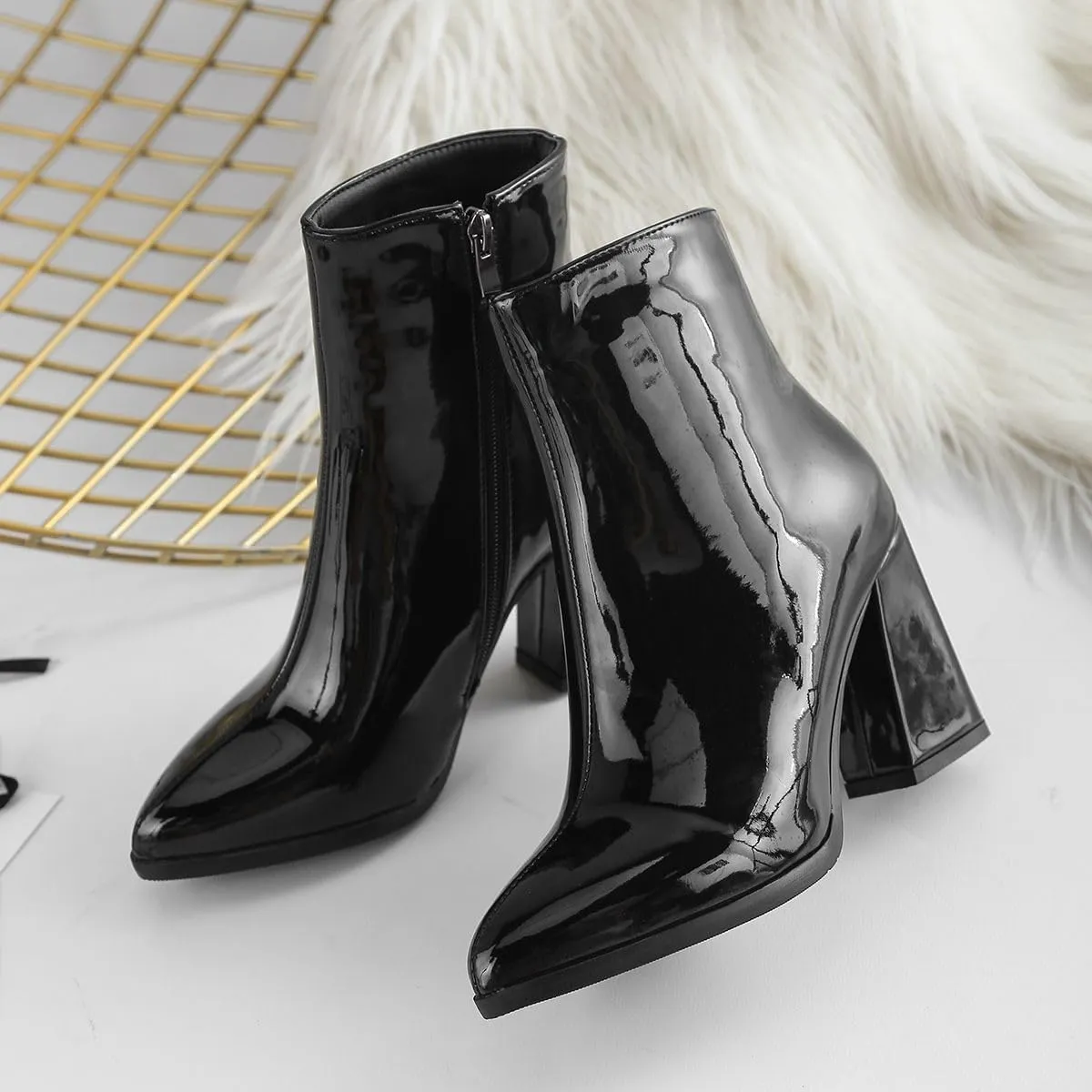Women's Pointed Toe Block Heel Boots, Zipper Chunky Heeled Ankle Boots, Dress Winter Fashion Booties