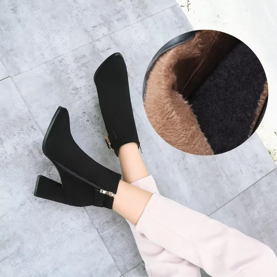 Women's Pointed Toe Block Heel Boots, Zipper Chunky Heeled Ankle Boots, Dress Winter Fashion Booties