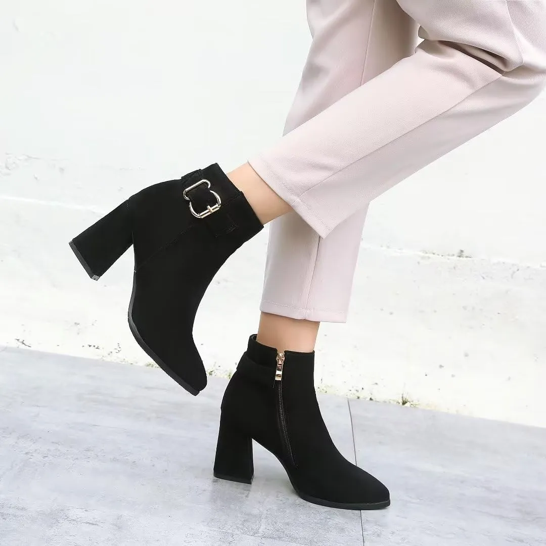 Women's Pointed Toe Block Heel Boots, Zipper Chunky Heeled Ankle Boots, Dress Winter Fashion Booties