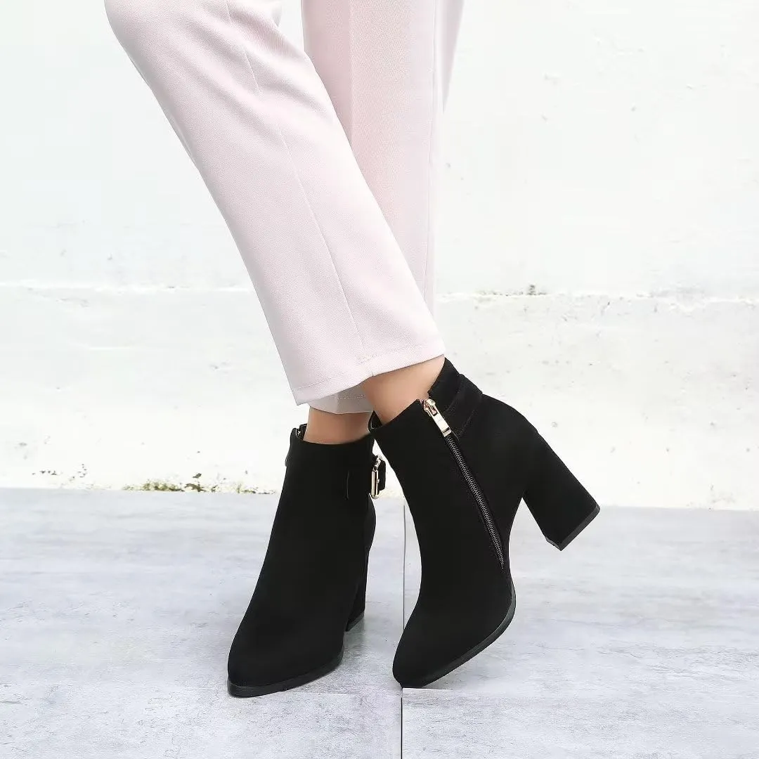 Women's Pointed Toe Block Heel Boots, Zipper Chunky Heeled Ankle Boots, Dress Winter Fashion Booties