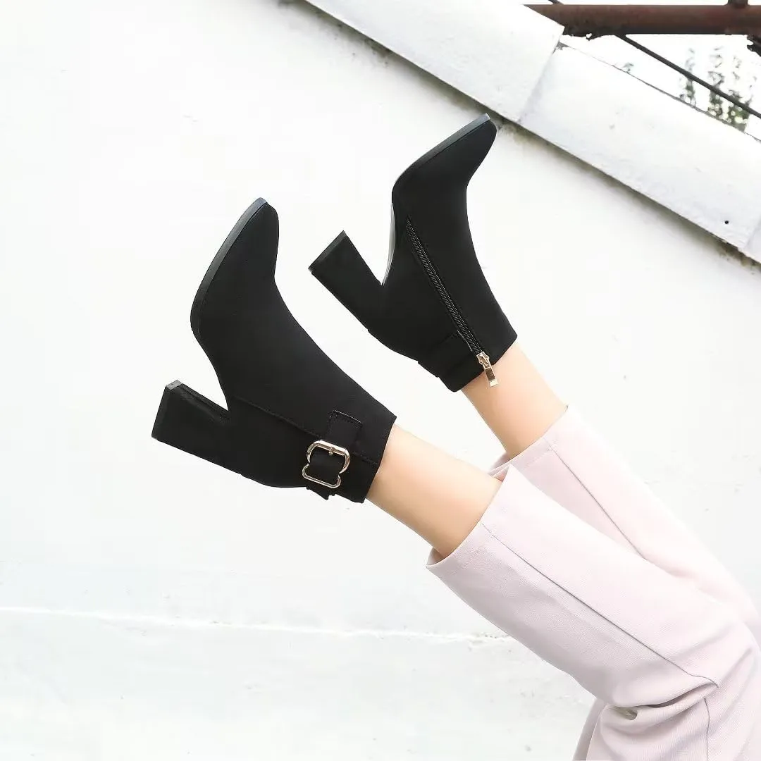 Women's Pointed Toe Block Heel Boots, Zipper Chunky Heeled Ankle Boots, Dress Winter Fashion Booties