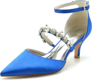 Women's Pointed Toe Satin Rhinestone Wedding Shoes for Bride Ankle Strap Prom Party Sandals High Heels Pumps
