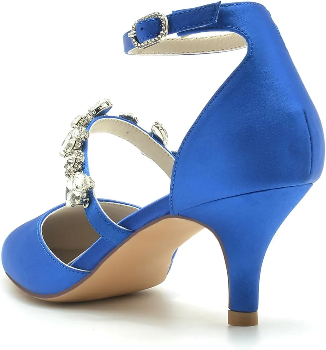 Women's Pointed Toe Satin Rhinestone Wedding Shoes for Bride Ankle Strap Prom Party Sandals High Heels Pumps