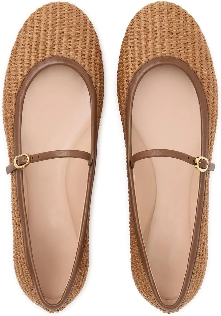 Women's Raffia Mary Jane Flat Shoes Round Toe Dressy Ballet Flats for Woven Natural Brown