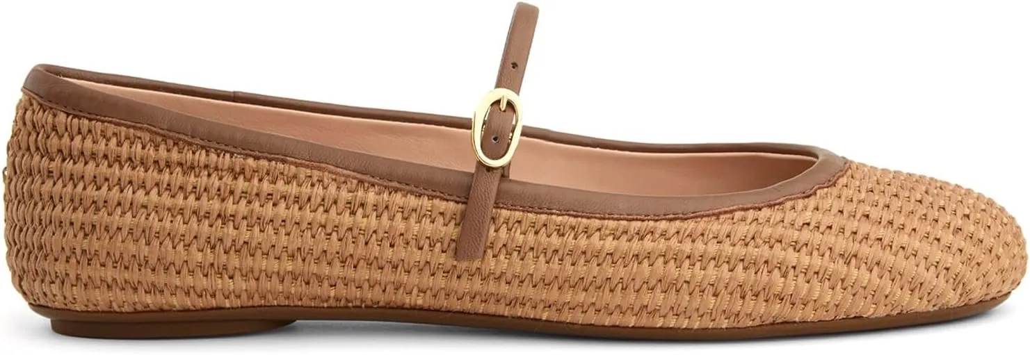 Women's Raffia Mary Jane Flat Shoes Round Toe Dressy Ballet Flats for Woven Natural Brown