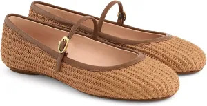 Women's Raffia Mary Jane Flat Shoes Round Toe Dressy Ballet Flats for Woven Natural Brown