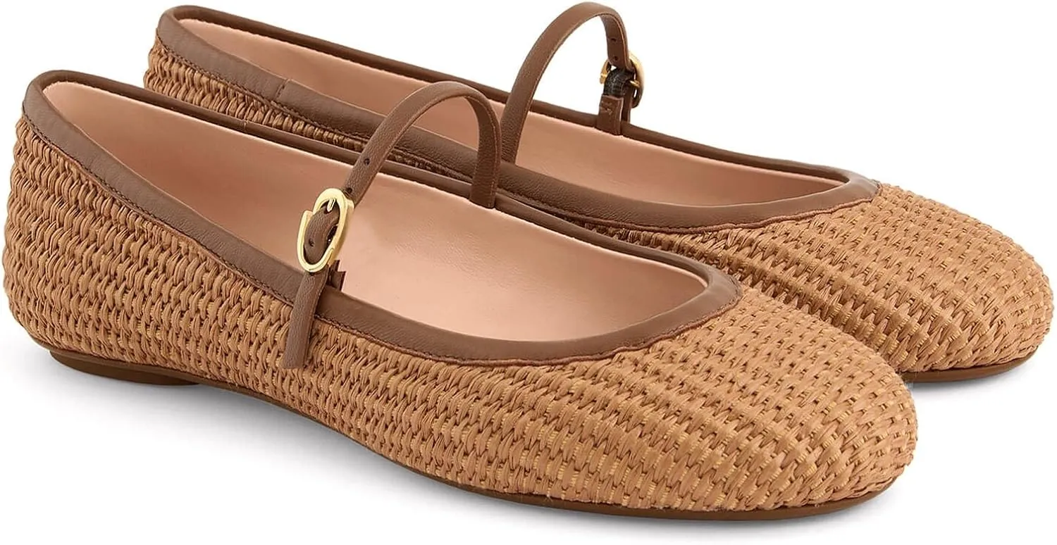Women's Raffia Mary Jane Flat Shoes Round Toe Dressy Ballet Flats for Woven Natural Brown