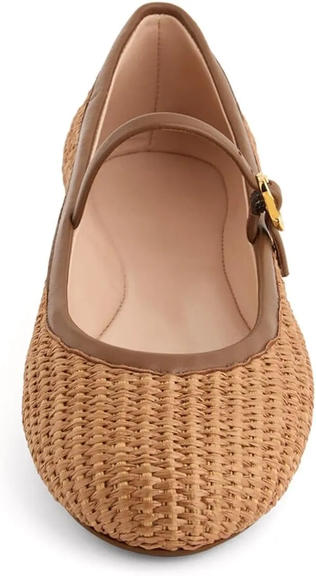 Women's Raffia Mary Jane Flat Shoes Round Toe Dressy Ballet Flats for Woven Natural Brown