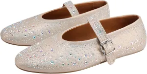 Women's Rhinestone Ballet Flats Round Toe Buckle Mary Jane Casual Shoes
