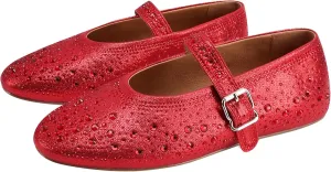 Women's Rhinestone Ballet Flats Round Toe Buckle Mary Jane Casual Shoes