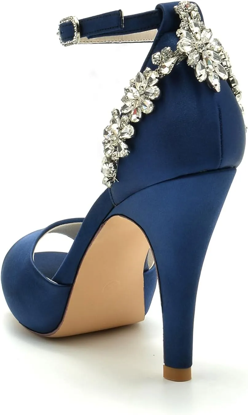 Women's Rhinestones Heels Satin Wedding Bridal Shoes Peep Toe Fish Mouth Dress Ankle Strap Pumps Sandal