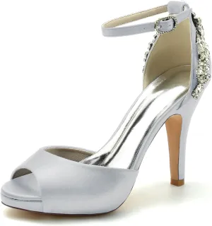 Women's Rhinestones Heels Satin Wedding Bridal Shoes Peep Toe Fish Mouth Dress Ankle Strap Pumps Sandal