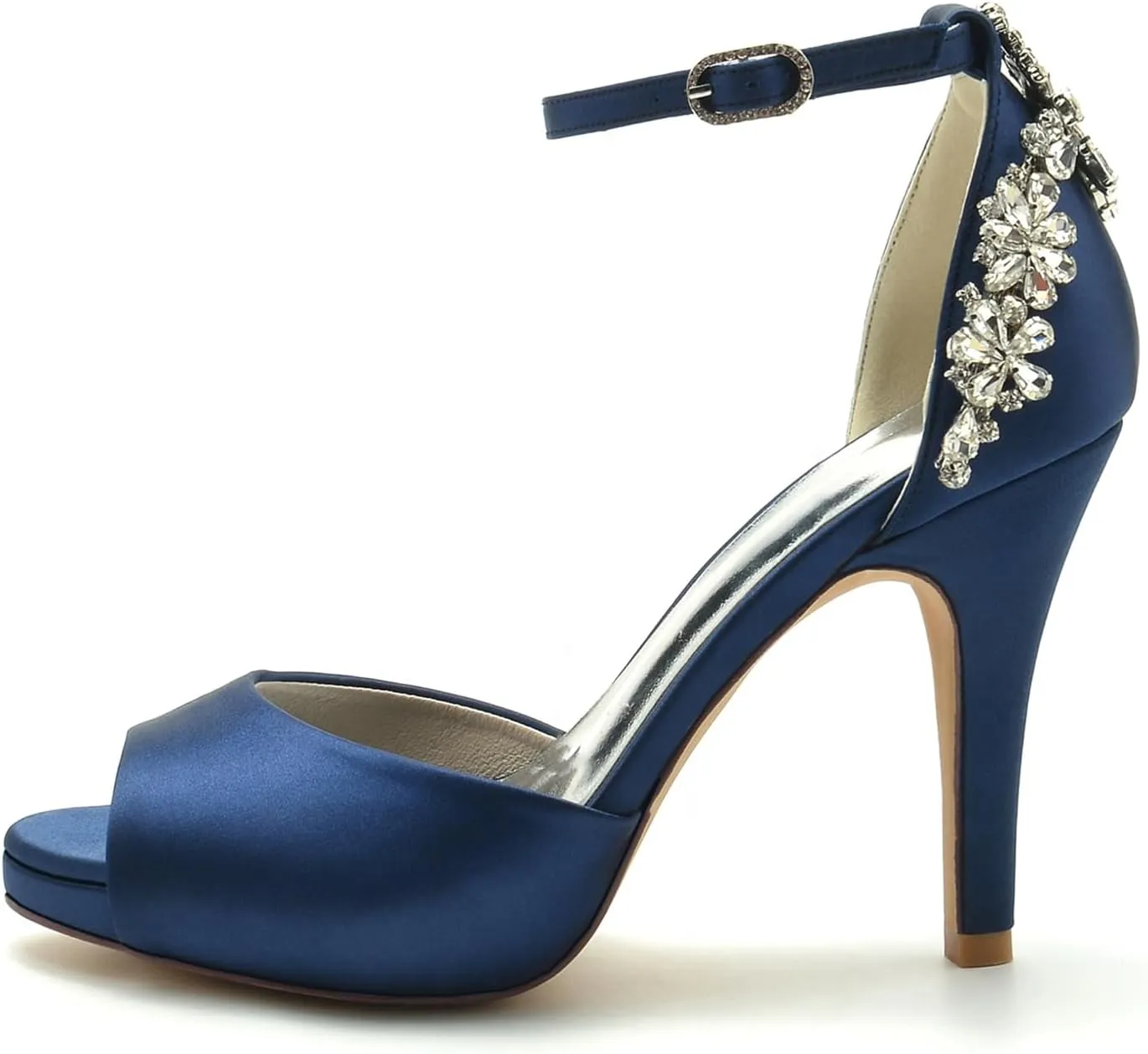 Women's Rhinestones Heels Satin Wedding Bridal Shoes Peep Toe Fish Mouth Dress Ankle Strap Pumps Sandal