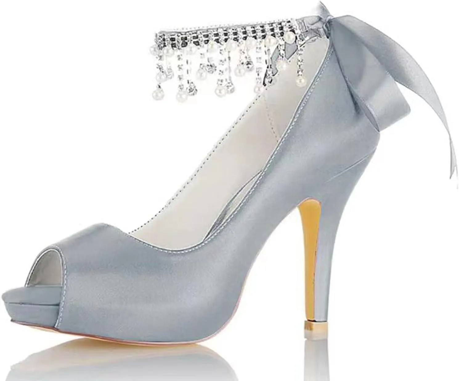 women's Satin Heel Pumps Sandal Bridal Shoes for the Bride Fish Mouth Rhinestone Pearls Ribbon Tie Wedding Shoes