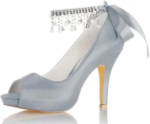 women's Satin Heel Pumps Sandal Bridal Shoes for the Bride Fish Mouth Rhinestone Pearls Ribbon Tie Wedding Shoes