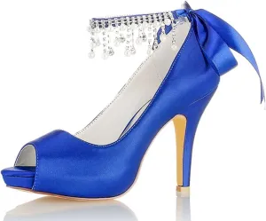 women's Satin Heel Pumps Sandal Bridal Shoes for the Bride Fish Mouth Rhinestone Pearls Ribbon Tie Wedding Shoes