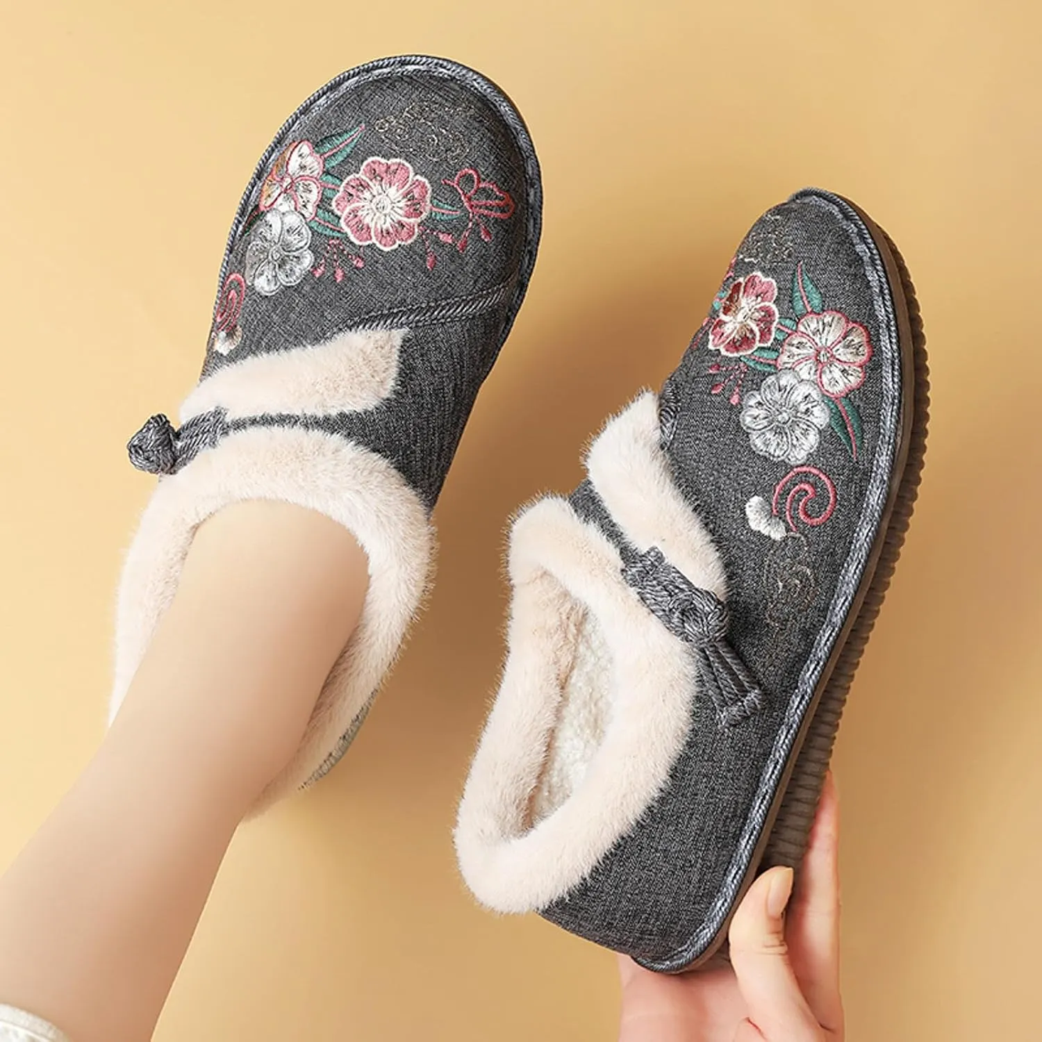 Womens Snow Boots Winter Boots for Women Round Toe Flat Heel Wide Width Ankel Booties Fashion Vintage Embroidered Loafers Cotton Slip On Casual Shoes Warm Fur Lined Comfortable Boot