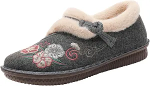Womens Snow Boots Winter Boots for Women Round Toe Flat Heel Wide Width Ankel Booties Fashion Vintage Embroidered Loafers Cotton Slip On Casual Shoes Warm Fur Lined Comfortable Boot