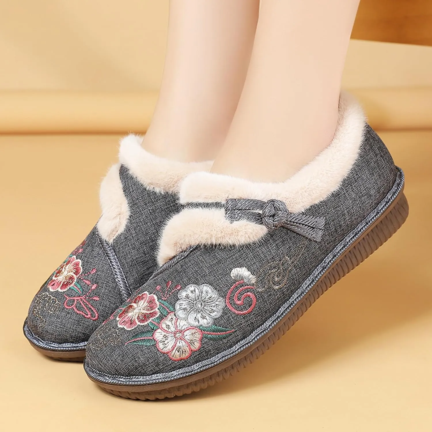 Womens Snow Boots Winter Boots for Women Round Toe Flat Heel Wide Width Ankel Booties Fashion Vintage Embroidered Loafers Cotton Slip On Casual Shoes Warm Fur Lined Comfortable Boot