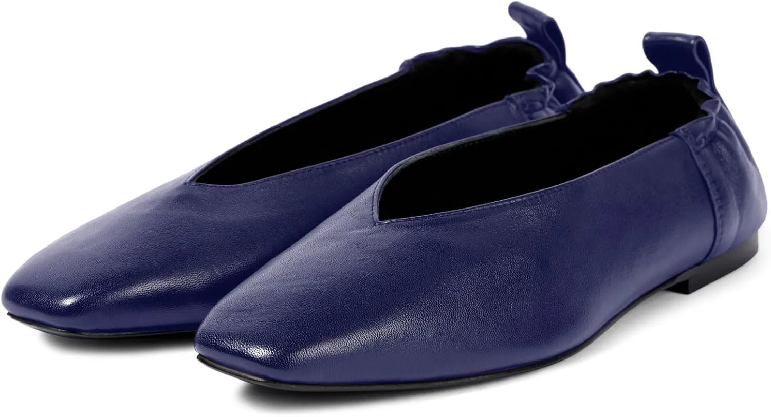 Women's Square Toe Ruched Suede/Matte Leather Ballet Flats Fashion V Shaped Silhouette Slip On Office Dressy Flats for Women