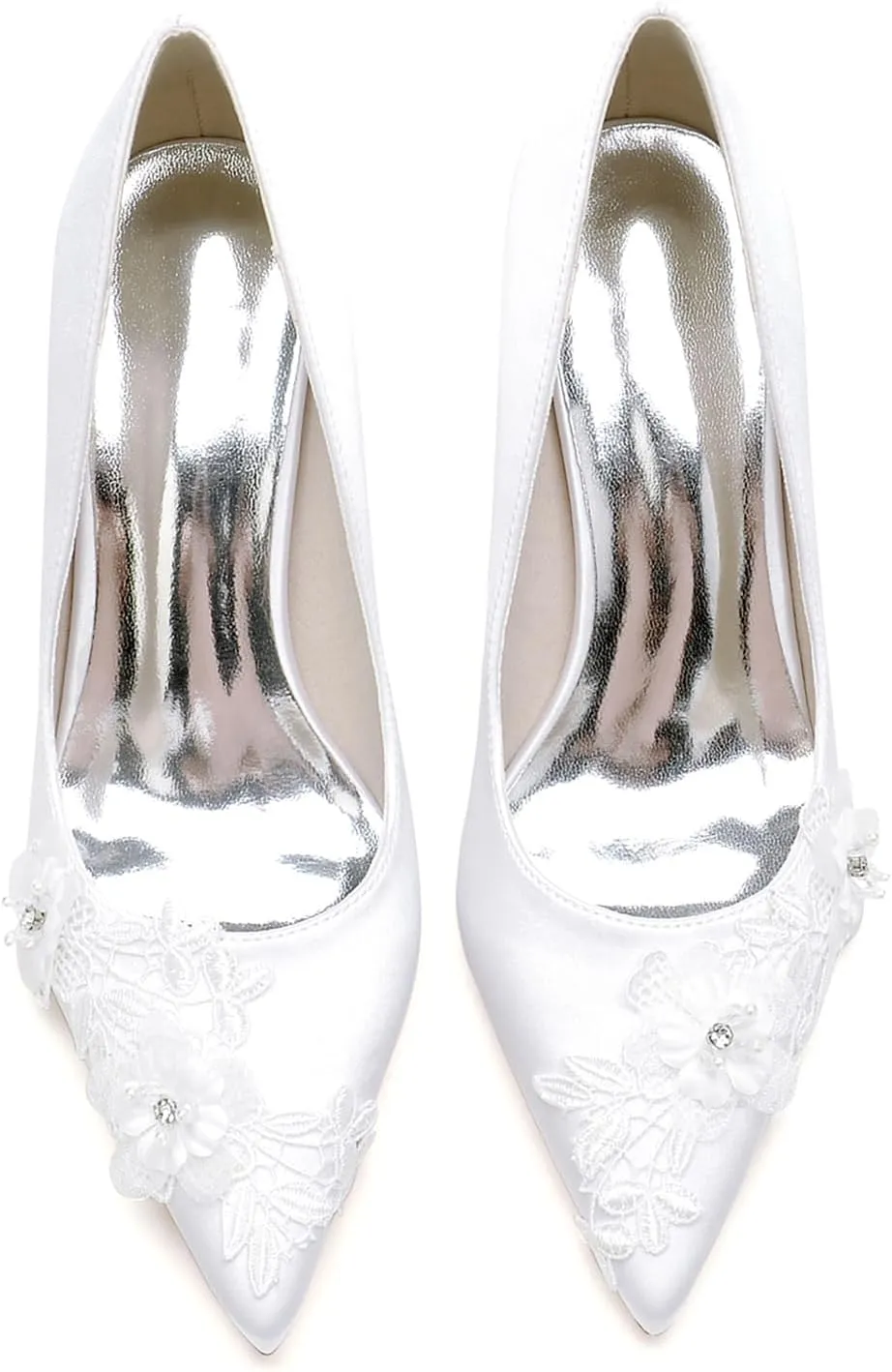 Women's Stiletto High Heel Bridal Shoes Satin with Embroidery Lace Flower Pointed Toe Dress Pumps Slip on Evening Party Wedding Shoes