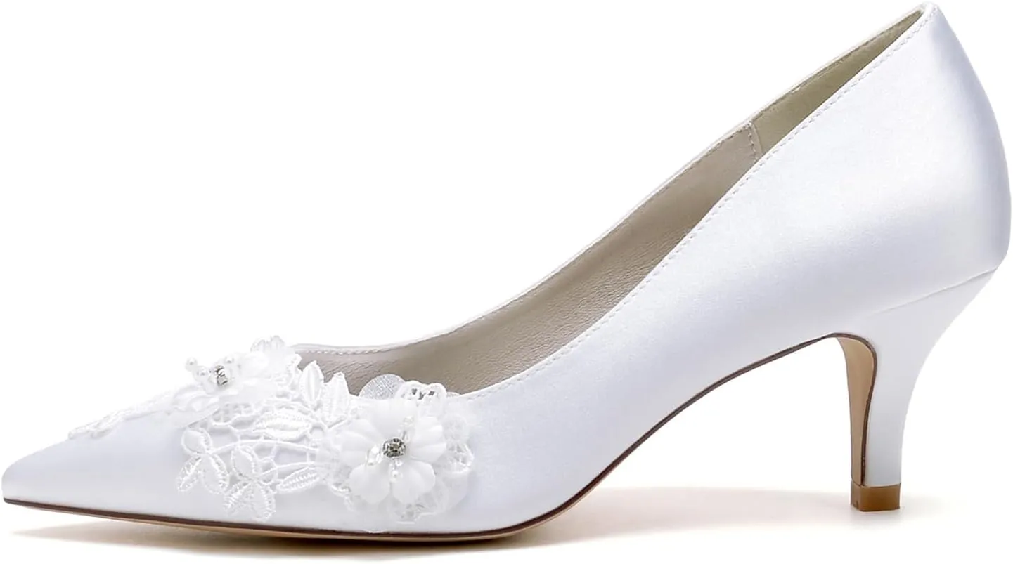 Women's Stiletto High Heel Bridal Shoes Satin with Embroidery Lace Flower Pointed Toe Dress Pumps Slip on Evening Party Wedding Shoes