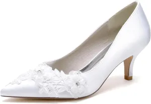 Women's Stiletto High Heel Bridal Shoes Satin with Embroidery Lace Flower Pointed Toe Dress Pumps Slip on Evening Party Wedding Shoes