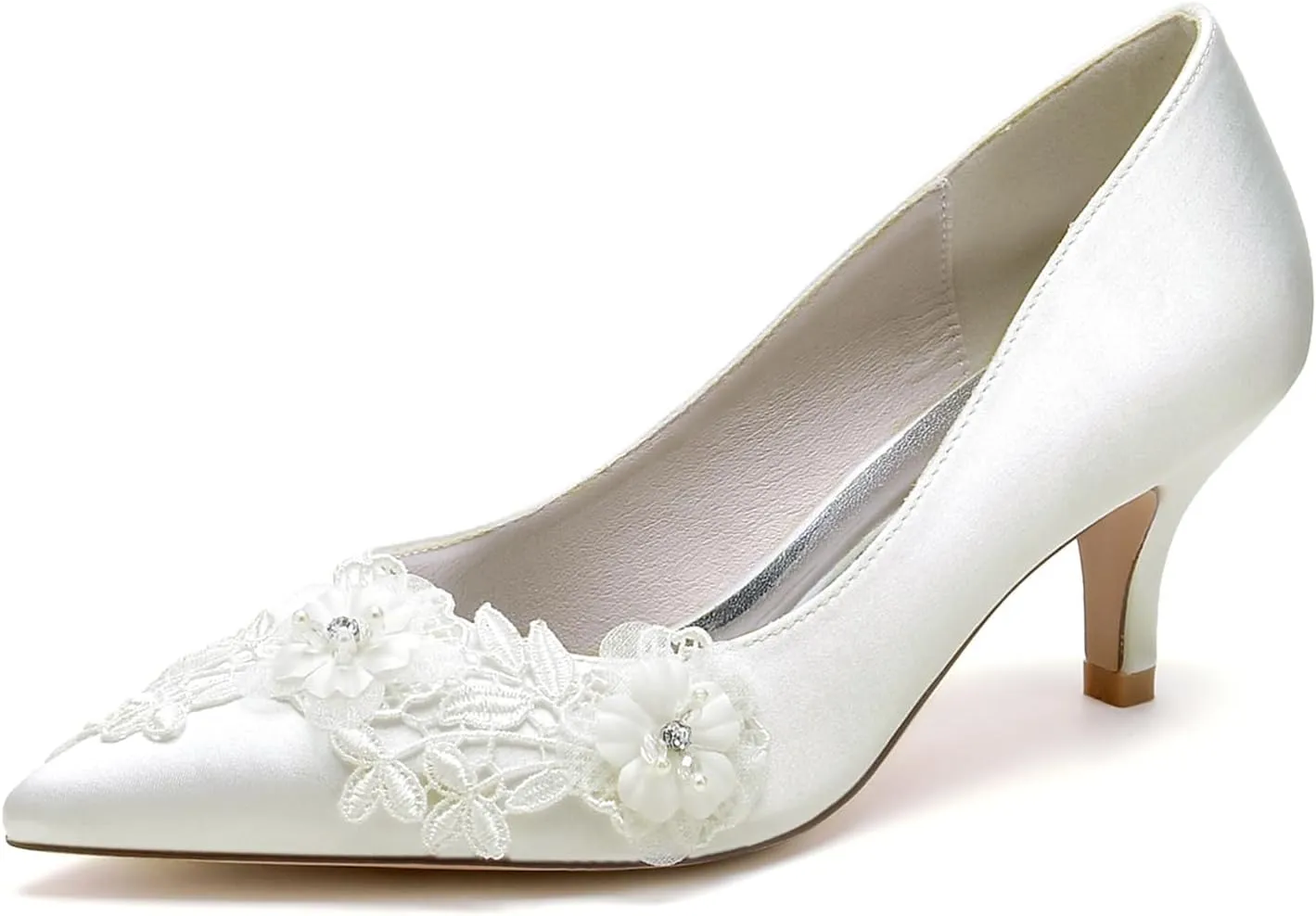 Women's Stiletto High Heel Bridal Shoes Satin with Embroidery Lace Flower Pointed Toe Dress Pumps Slip on Evening Party Wedding Shoes