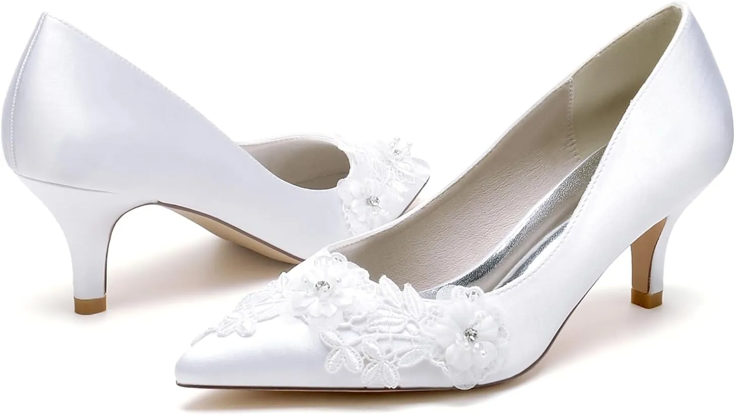 Women's Stiletto High Heel Bridal Shoes Satin with Embroidery Lace Flower Pointed Toe Dress Pumps Slip on Evening Party Wedding Shoes