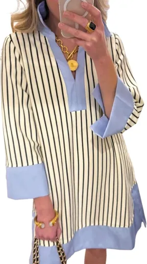 Women's Stylish Striped Long Sleeve Shift Mini Dress Light Blue Collar Spring Summer Casual Office Dress
