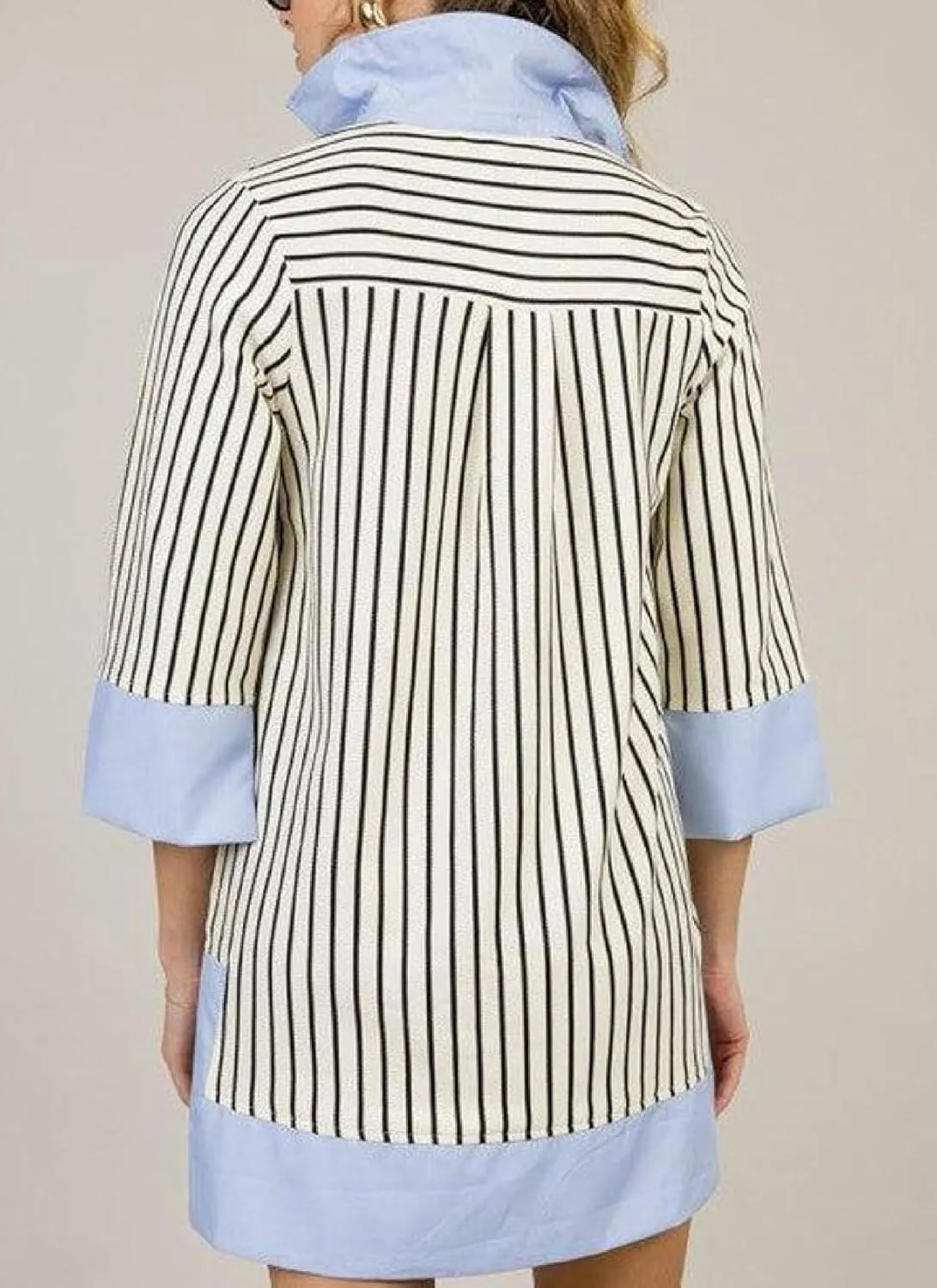 Women's Stylish Striped Long Sleeve Shift Mini Dress Light Blue Collar Spring Summer Casual Office Dress