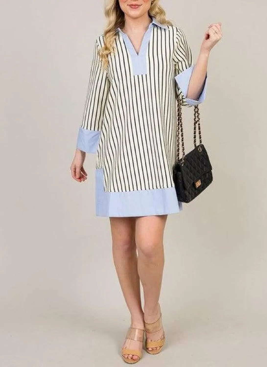 Women's Stylish Striped Long Sleeve Shift Mini Dress Light Blue Collar Spring Summer Casual Office Dress