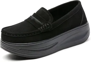 Women's Suede Platform Wedge Loafers Moccasin Toe Comfort Casual Slip-on Loafer Shoes Toning Rocker Non-Slip Walking Shoes with Arch Support