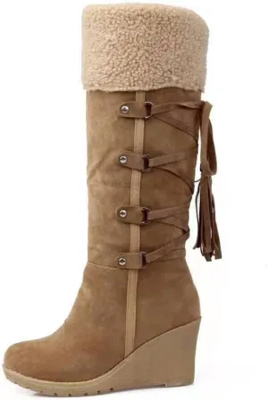 Women's Suede Plus Velvet Lined Flip Lace Up Tassel Knee High Boot,Winter Warm Non Slip Platform Wedge Heel Snow Boot