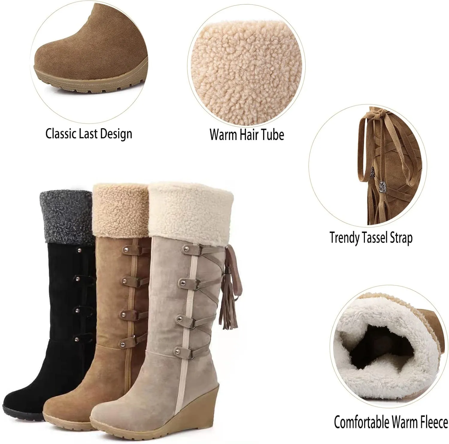 Women's Suede Plus Velvet Lined Flip Lace Up Tassel Knee High Boot,Winter Warm Non Slip Platform Wedge Heel Snow Boot